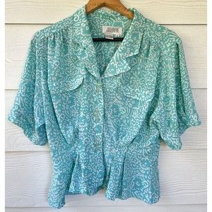 VTG Josephine Abstract Geometric Print Secretary Button Front Blouse Top Sz 10